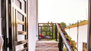 Eine Steintreppe führt zu einem Balkon mit einem Metallgeländer und Blumentöpfen.