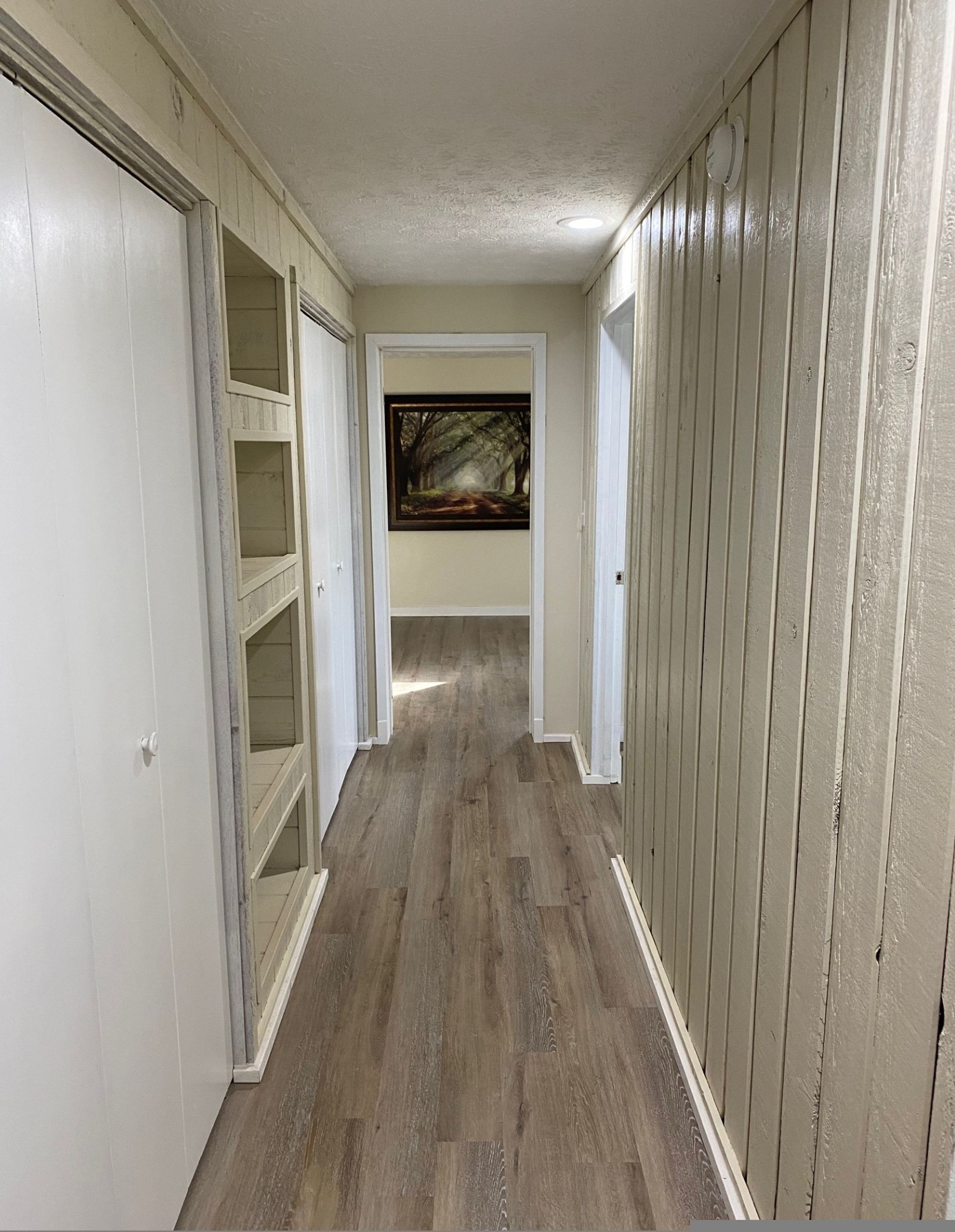 A hallway with wooden flooring, white walls, and a framed picture on the wall.
