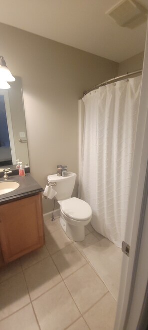 Shower, towels, soap, toilet paper