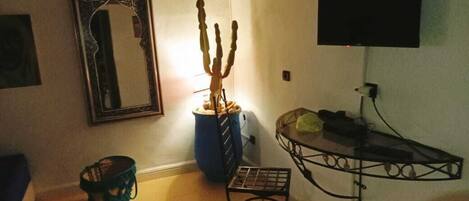 A room with a cactus, a metal chair, a blue trash bin, a framed mirror, and a mounted television.