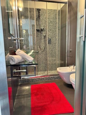 Dusch, hårtork, bidé och handdukar