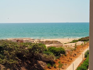 Eine Küstenlandschaft mit einem Sandstrand, einem klaren blauen Meer und einem Weg, der durch eine angelegte Grünfläche mit Sträuchern und kleinen Bäumen führt.
