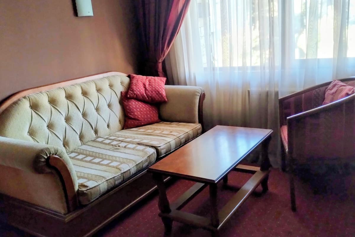 A living room with a sofa, a coffee table, and a chair.