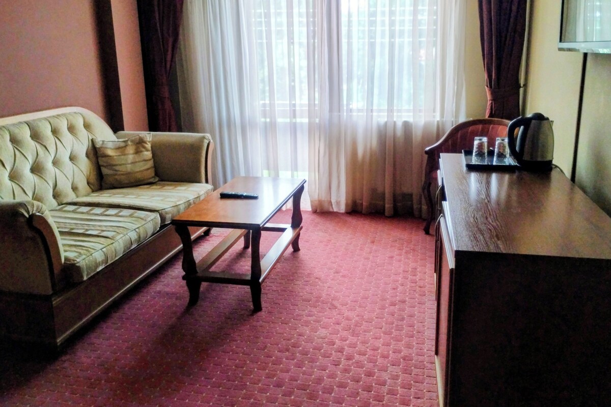 Escritorio, cortinas opacas, tabla de planchar con plancha y wifi gratis