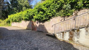 Un sendero adoquinado que conduce a un muro de piedra con una barandilla de metal.