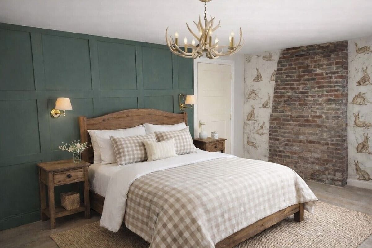 A bedroom with a wooden bed, green walls, a brick fireplace, and wall-mounted lamps.