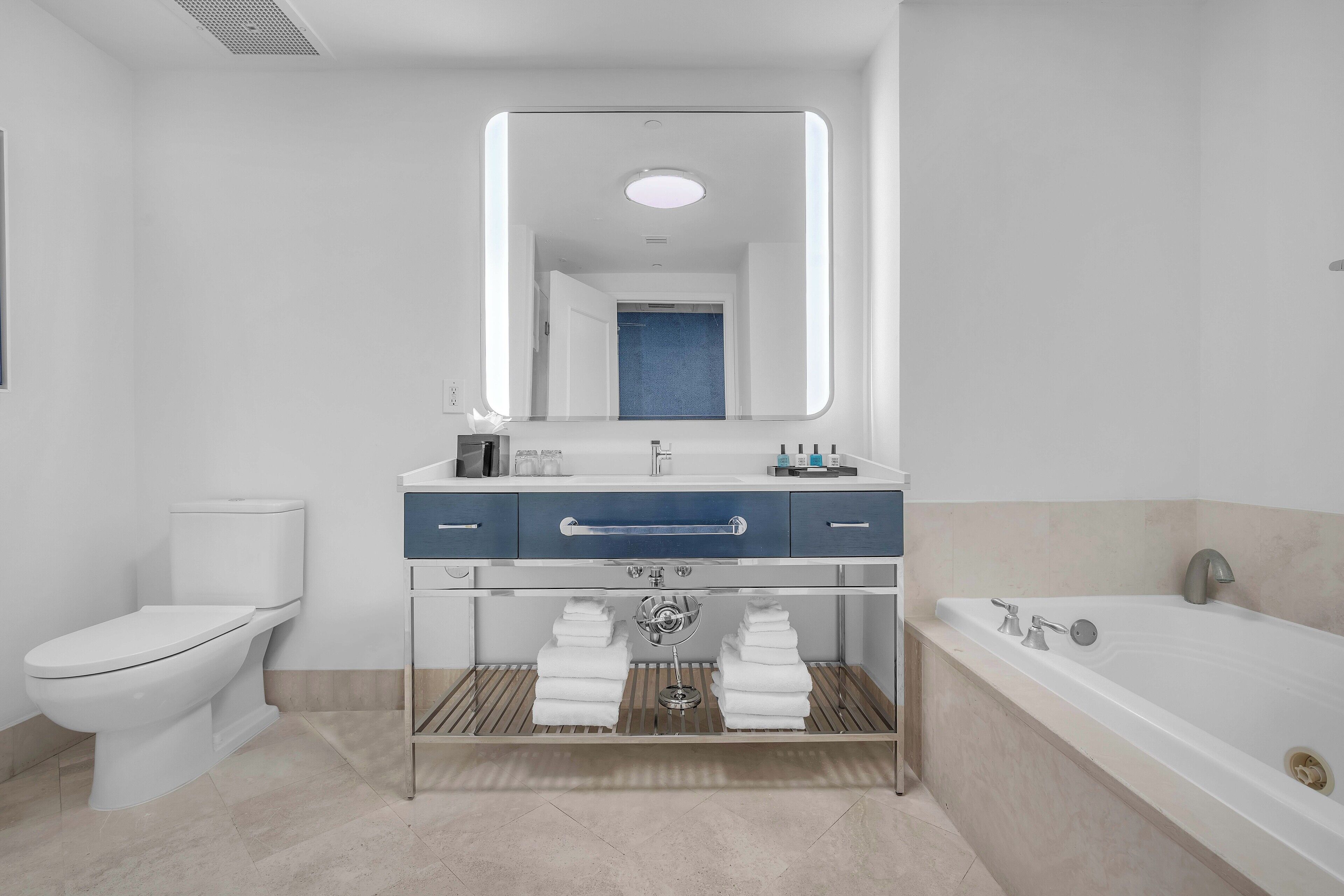 Jetted tub, hair dryer, towels, soap