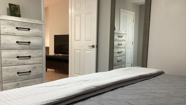 A bedroom with a bed, a dresser, a television, and a mirror.