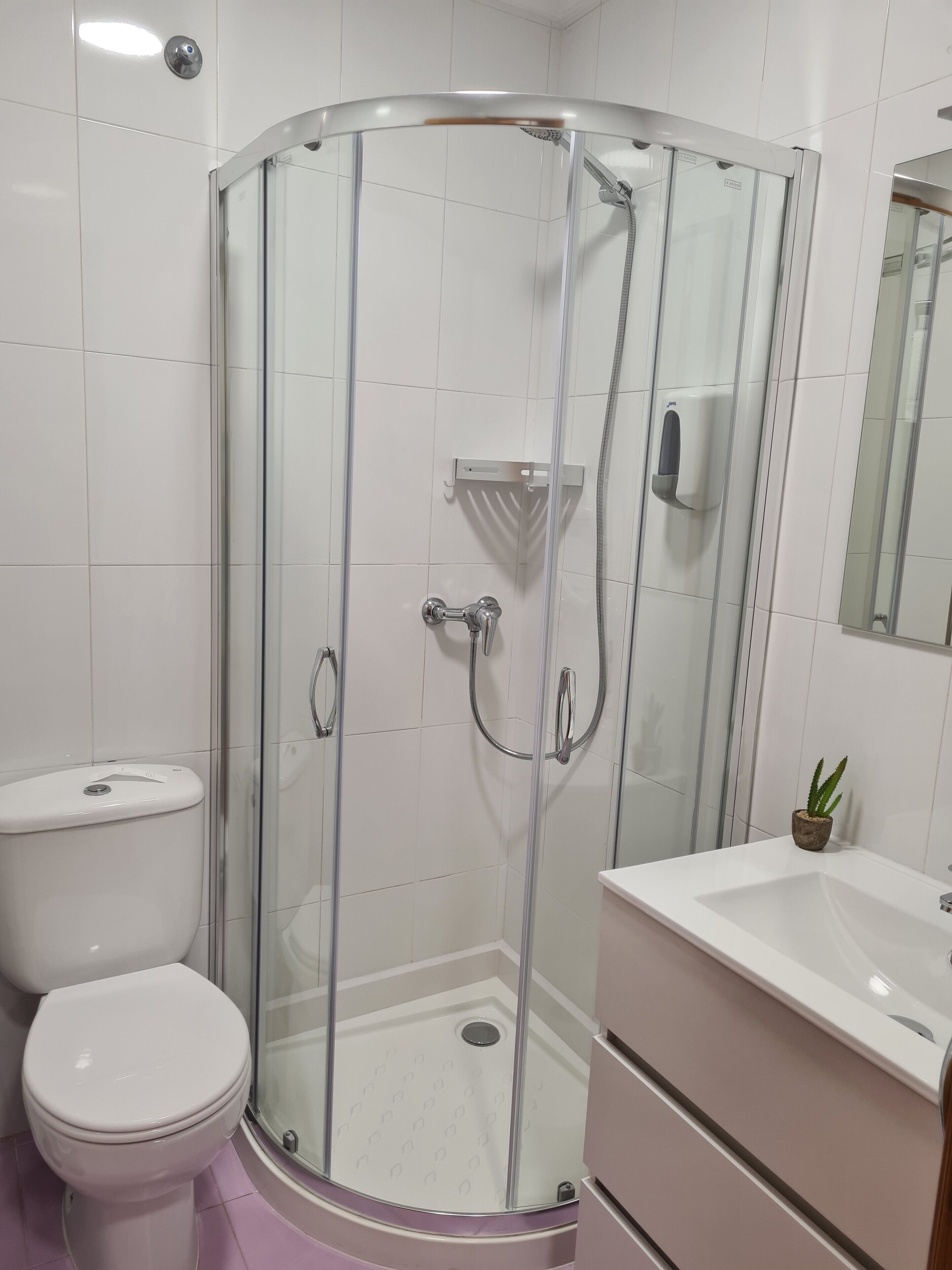 Douche, sèche-cheveux, serviettes fournies, savon