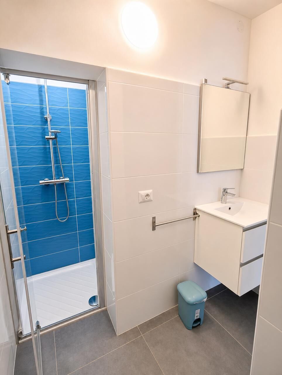 Habitación doble | Baño | Ducha, secador de pelo, toallas y jabón