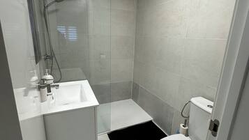 A modern bathroom with a glass shower enclosure, a white sink, and a toilet.