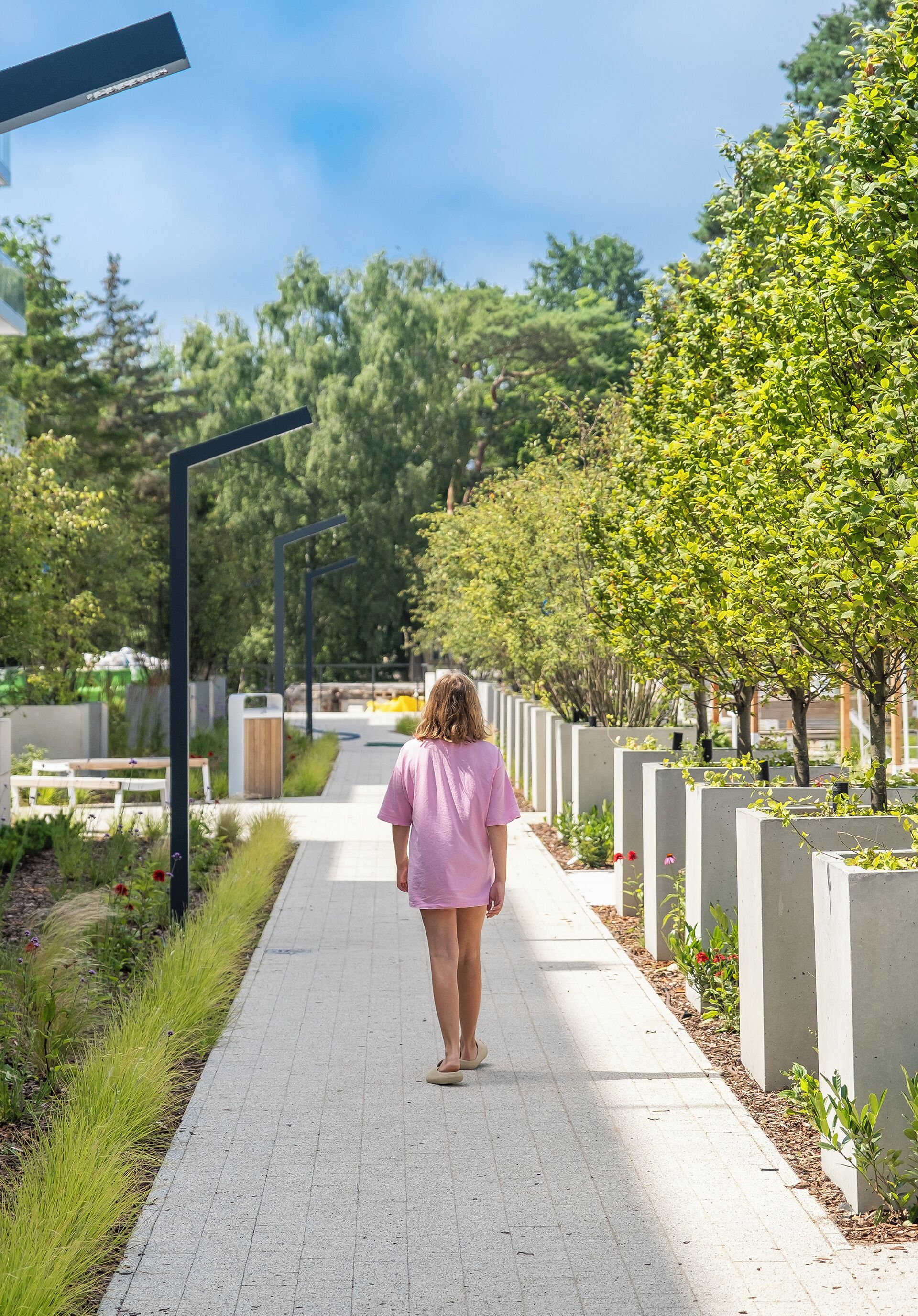 Un chemin bordé de verdure et de jardinières en béton, qui mène à une construction située au loin.