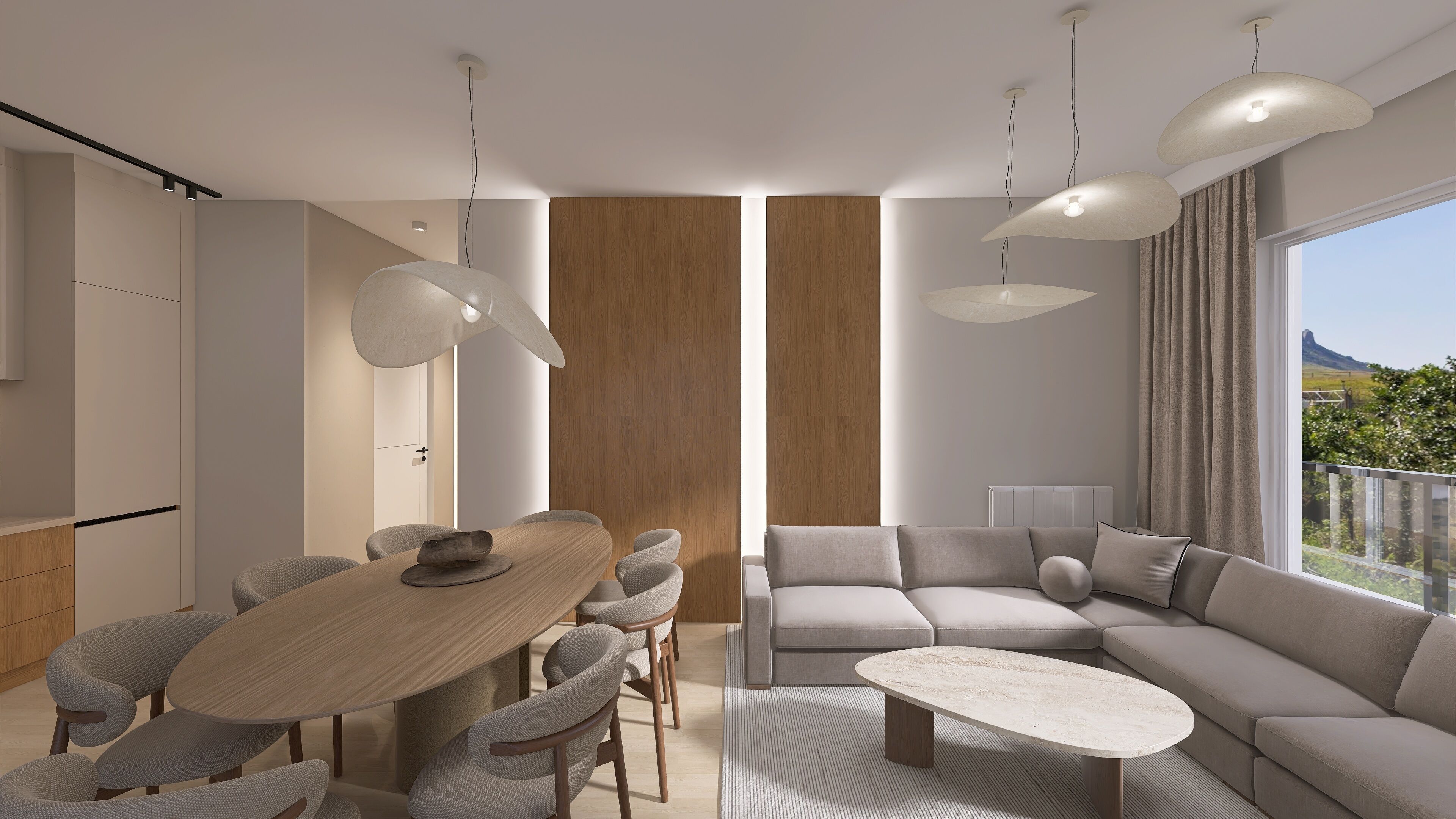 A modern living room with a dining area, a sofa set, and a view of the outdoors.
