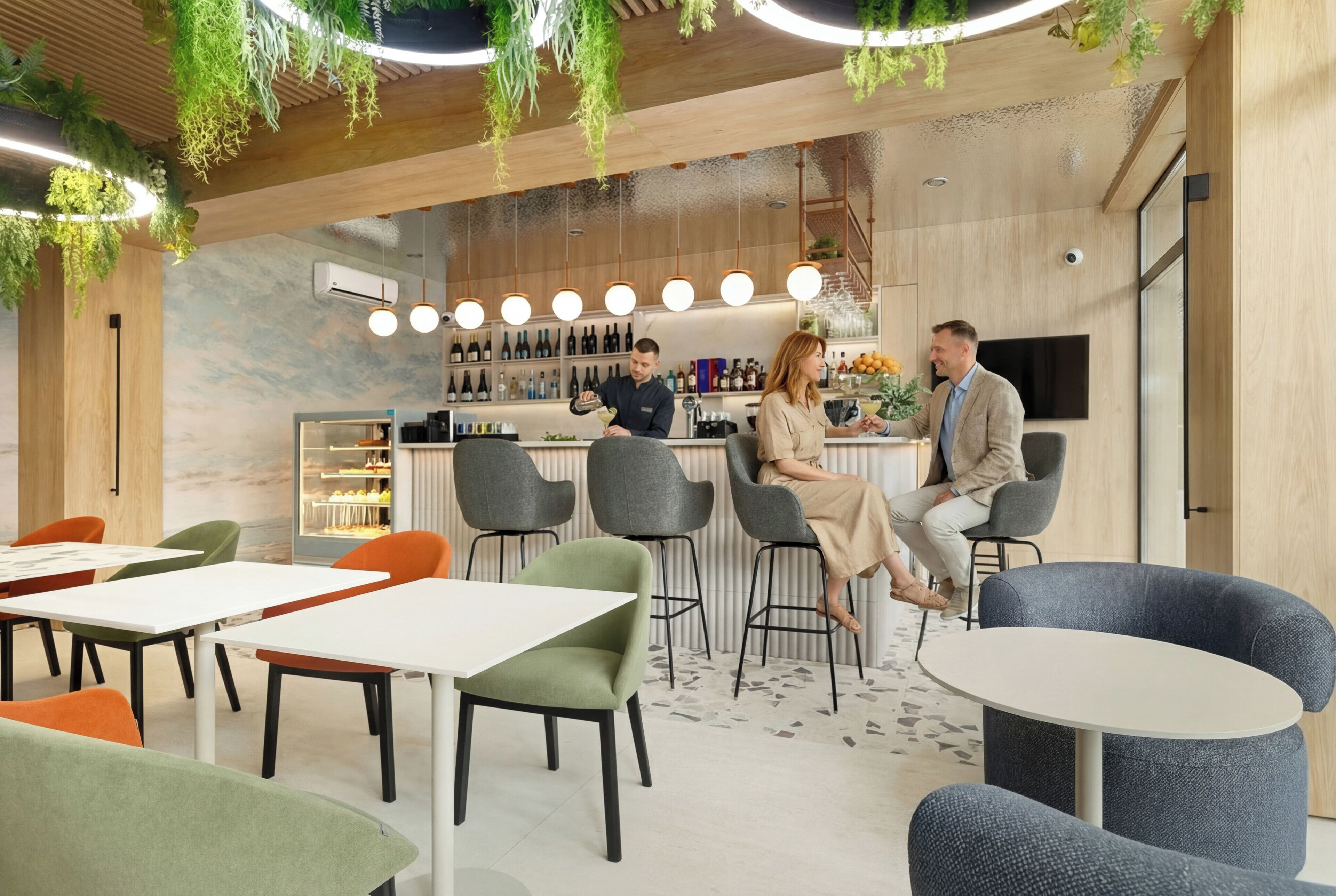 A modern bar area with seating, a wine rack, and hanging plants.
