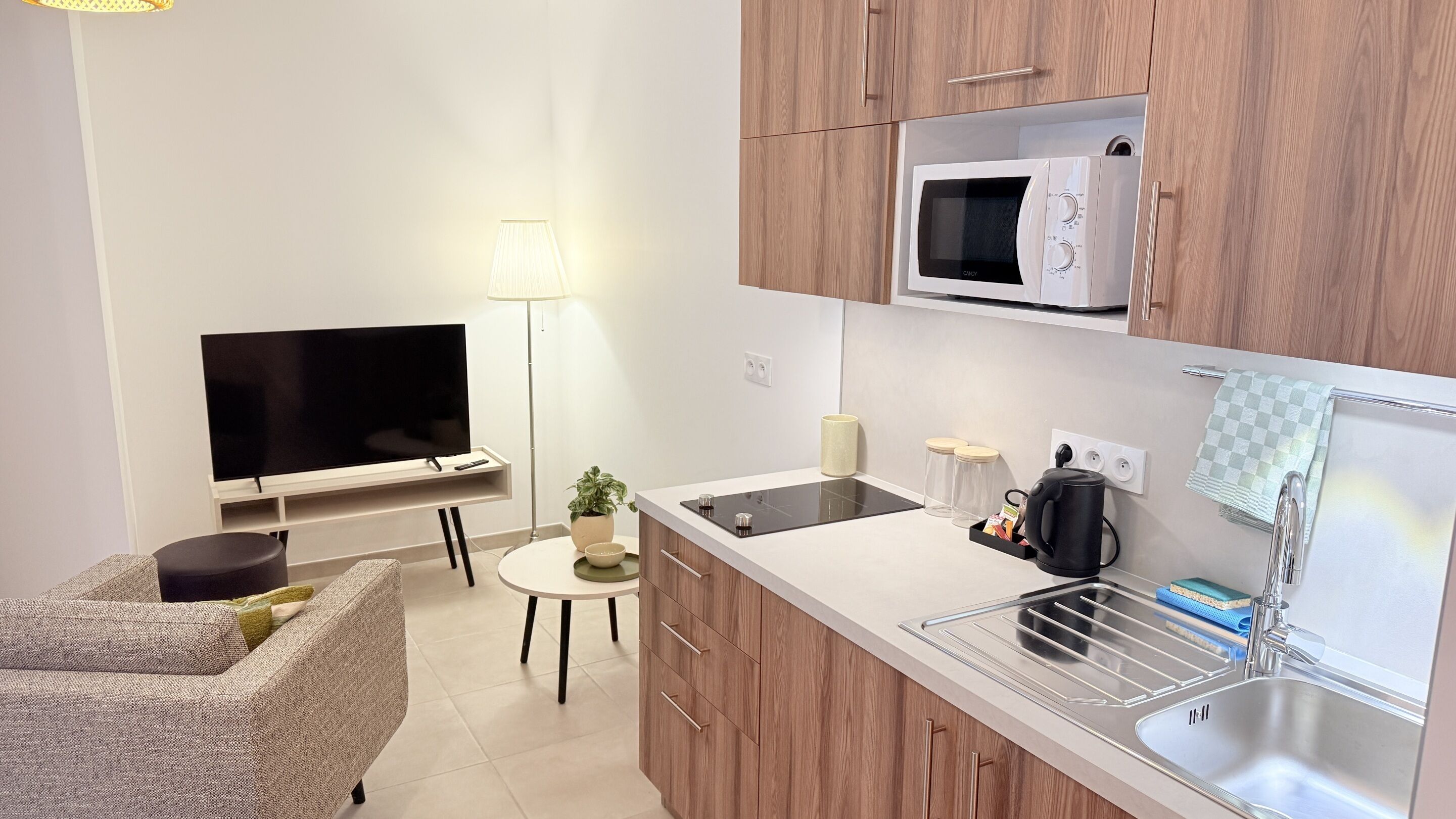 Une cuisine compacte équipée d’un four à micro-ondes, d’une cuisinière et d’un évier. On y trouve également une télévision et une petite table avec une plante.