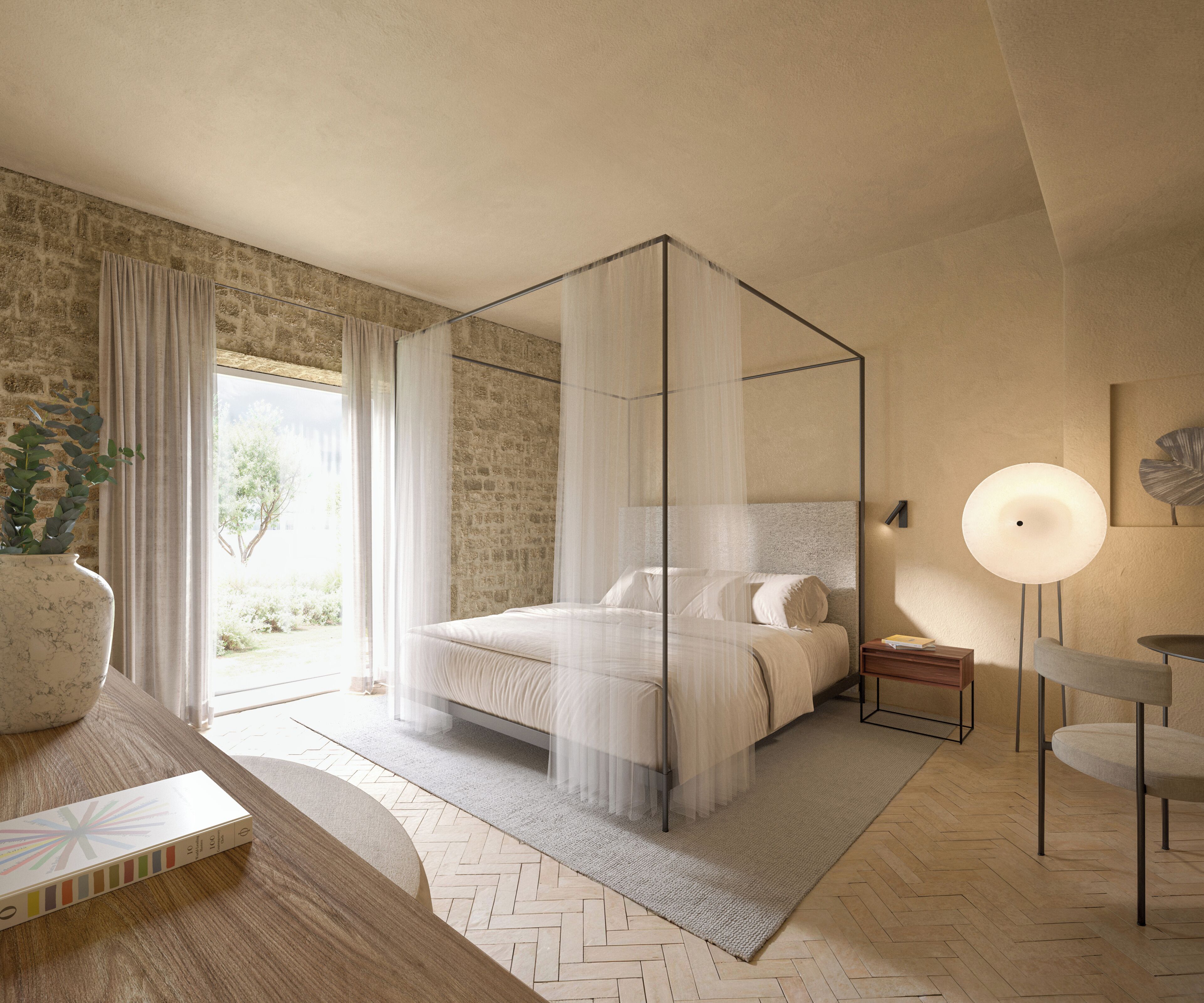 Una camera da letto con un letto a baldacchino, un comodino, una lampada e vista sull'esterno.