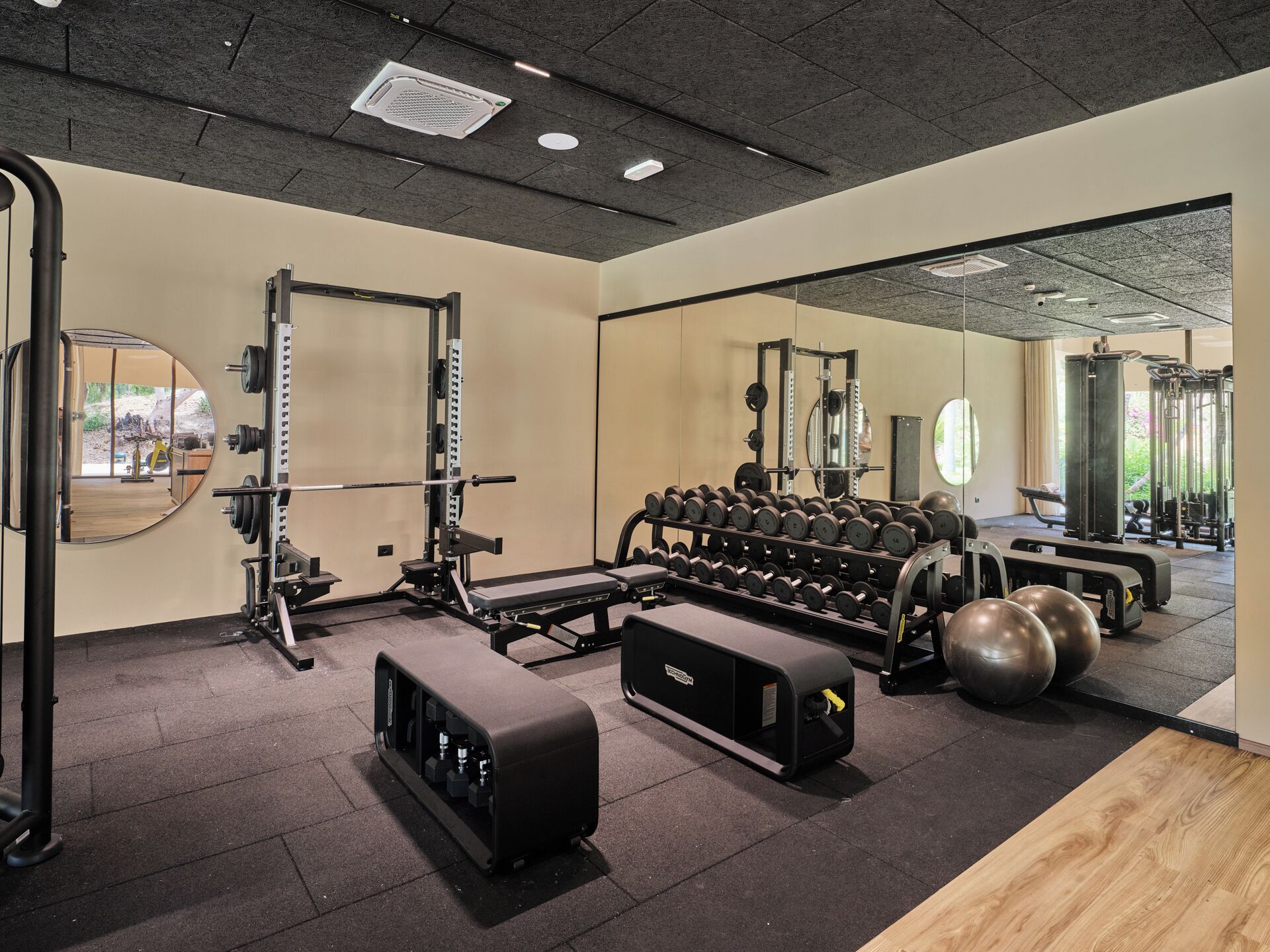 A gym with weightlifting equipment, dumbbells, and exercise balls.