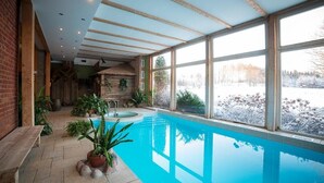 An indoor swimming pool with clear windows, wooden beams, and potted plants. - SPA Hotel Mārcienas Muiža (Mārciena)