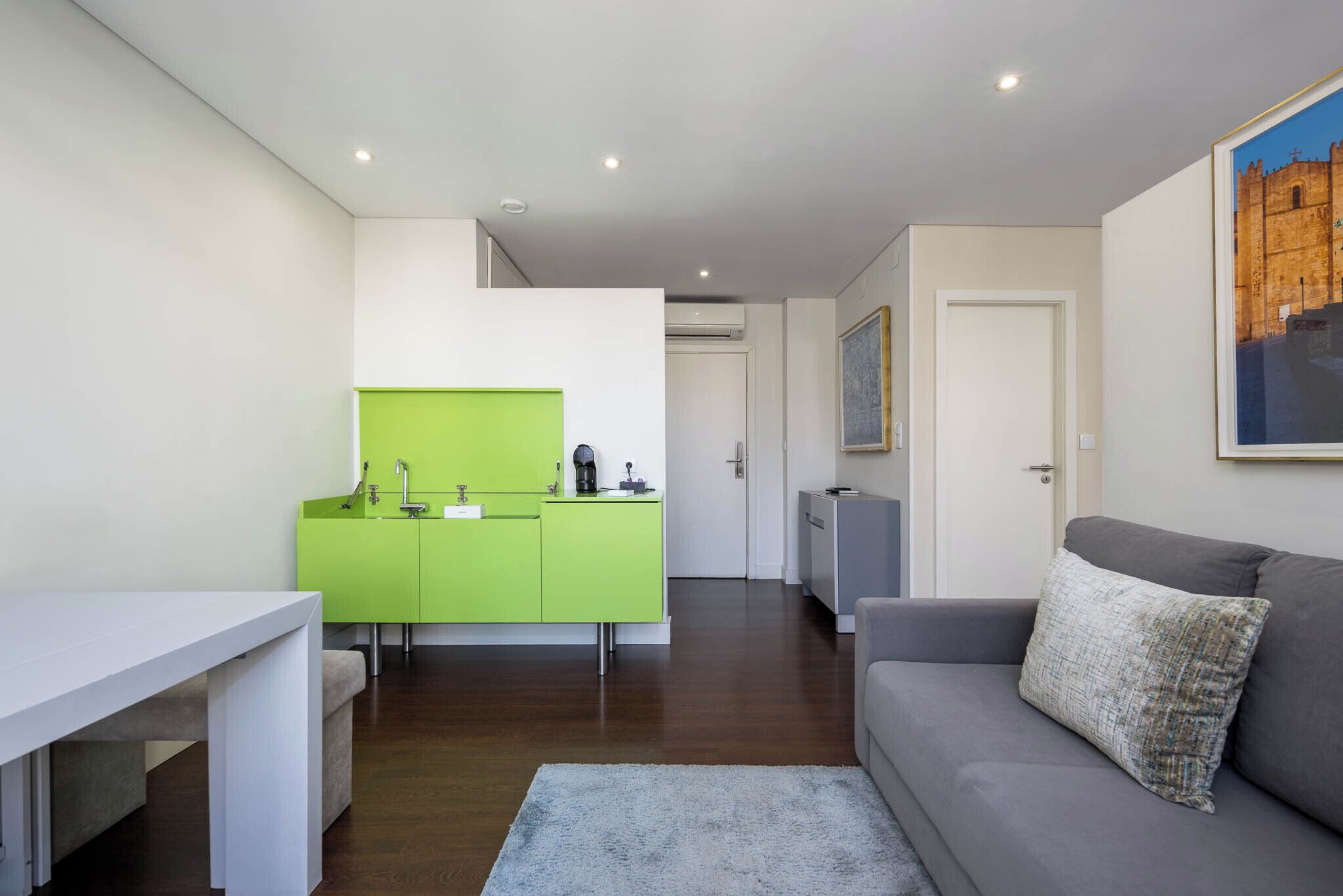 A modern living space with a kitchen, a grey sofa, and a painting on the wall.