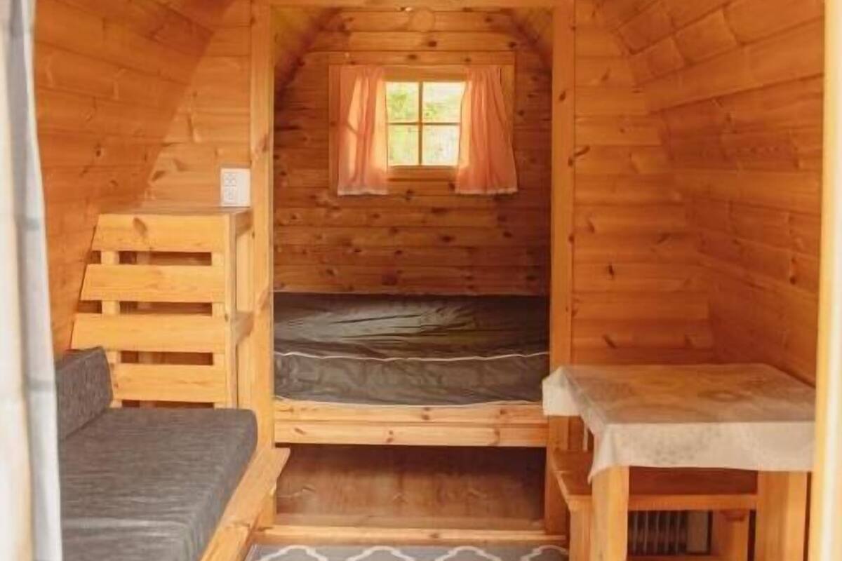 Eine kleine Holzhütte mit Schlafkoje, einem Einzelbett und einer Sitzbank.