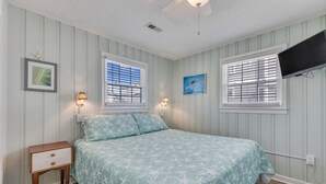 Ein Schlafzimmer mit einem Bett, zwei Nachttischlampen, einem Nachttisch, einem an der Wand befestigten Fernseher und zwei Fenstern mit Jalousien.