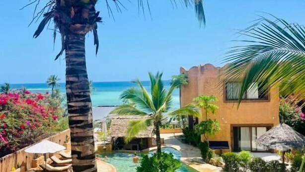A pool area with clear water, surrounded by palm trees and a building with a thatched roof. - Di Milo Boutique Hotel (Kiwengwa)