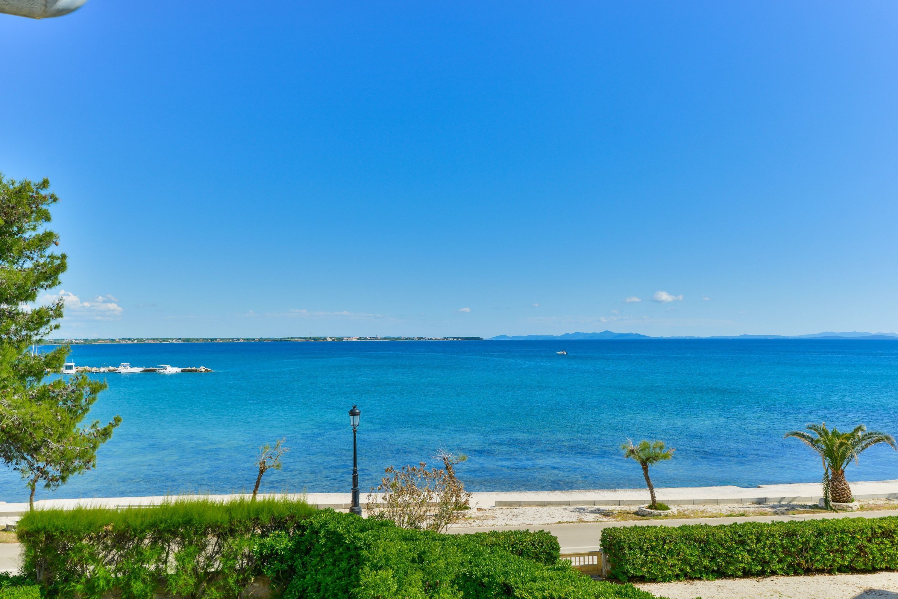 A coastal view with a clear blue sky, a sandy beach, and a few palm trees.