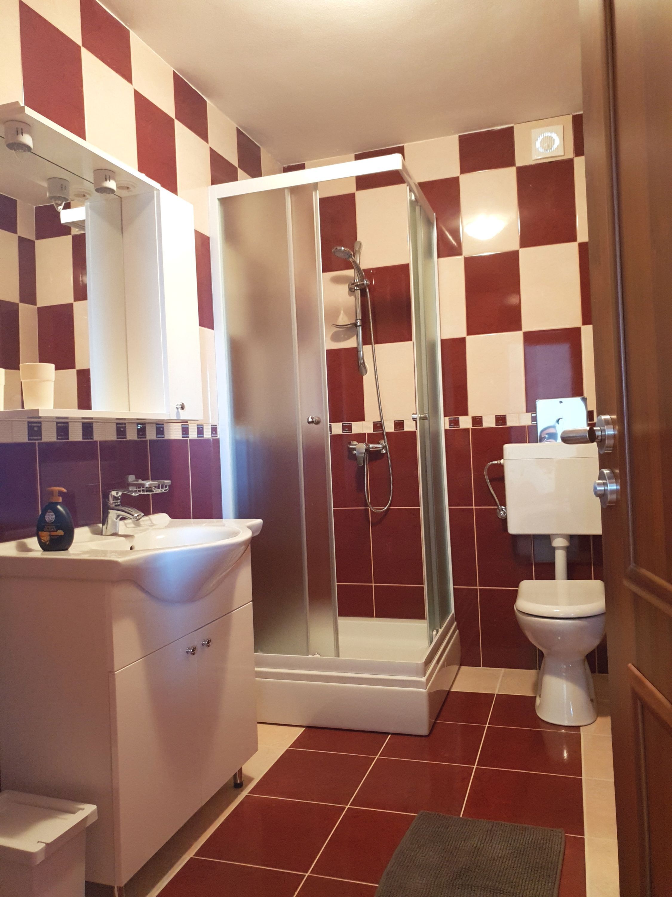 Ein Badezimmer mit Wandverkleidung aus Schachbrettfliesen, einer Glaskabine für die Dusche, einem weißen Waschbecken und einer Toilette.