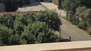 Un quartier résidentiel offrant une vue sur la mer, avec un chemin pavé et un bâtiment doté d’un toit en tuiles.