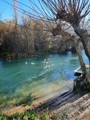 A clear river with ducks swimming, surrounded by trees and a dock. - Holiday Home Nadalina (Vrgorac)