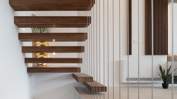 A modern staircase with wooden steps and a glass railing. - Villa Santa With Heated Pool (Pakostane)
