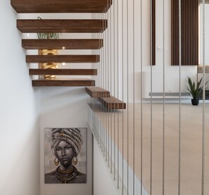 A modern staircase with wooden steps and a glass railing. - Villa Santa With Heated Pool (Pakostane)