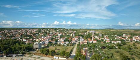 An aerial view of a coastal town with residential buildings, a marina, and a beach area.
