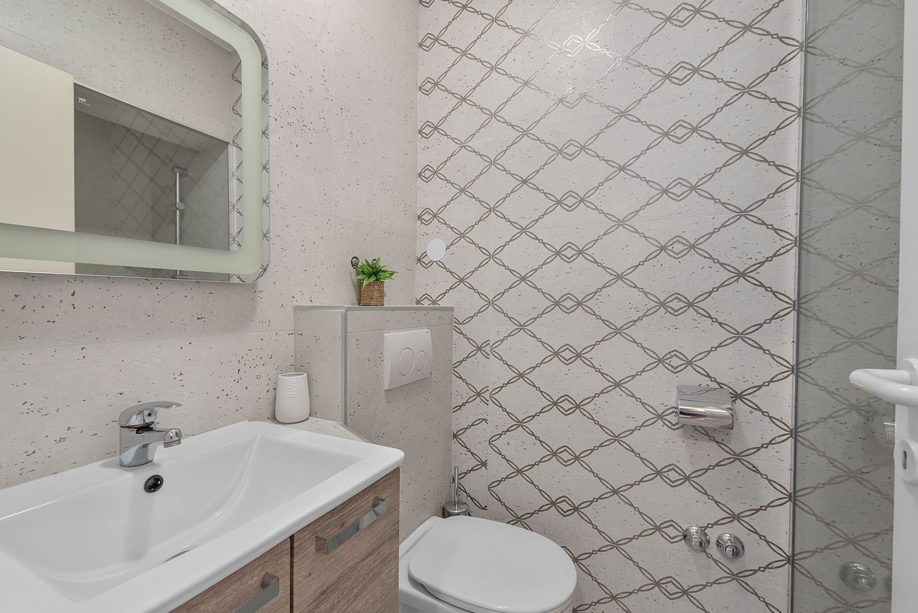 A bathroom with a white sink, mirror, and toilet. There is a small plant on the counter and a patterned shower wall.