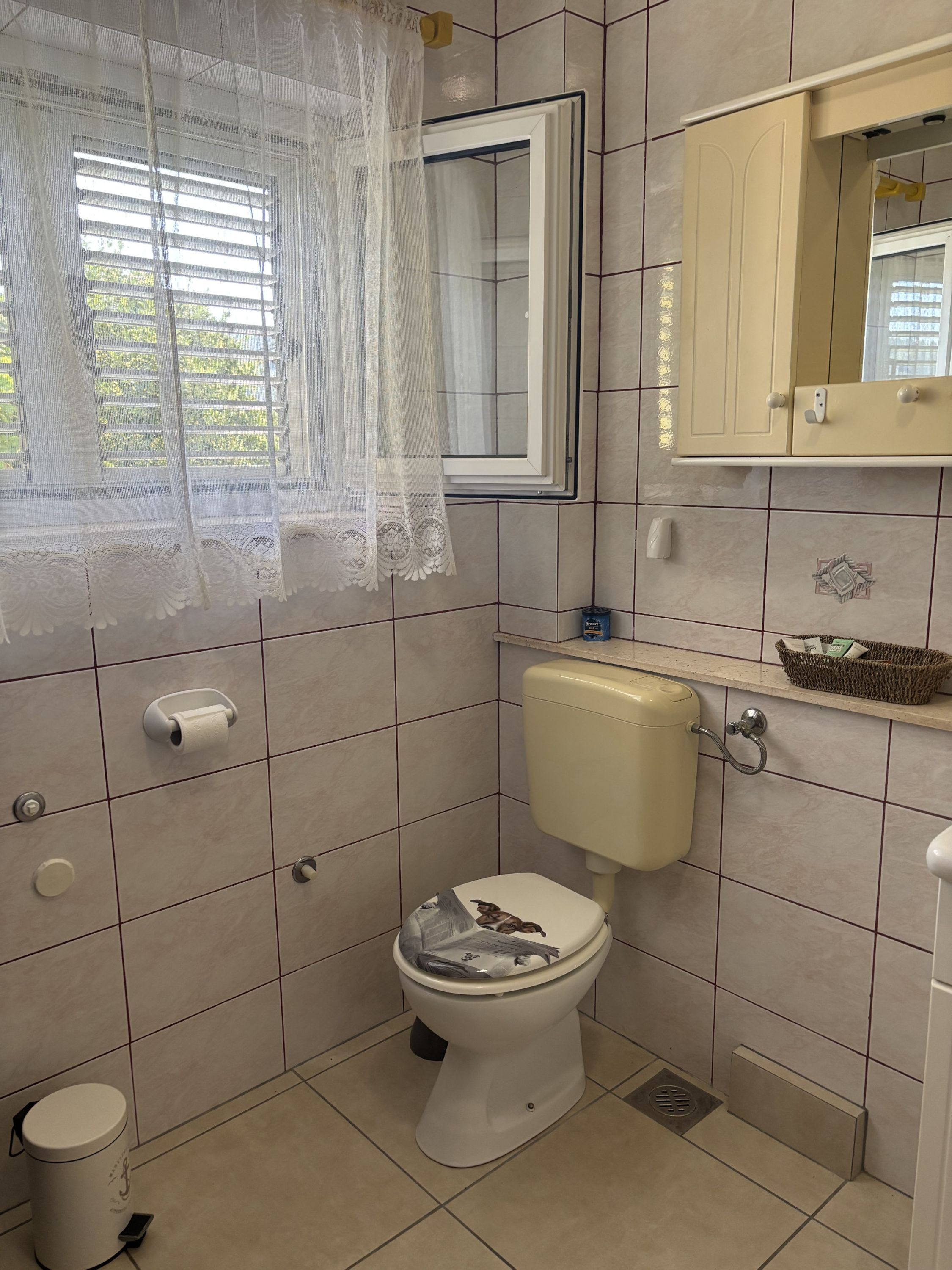 Une salle de bain comprenant des toilettes, un lavabo, un miroir et une fenêtre avec un rideau.