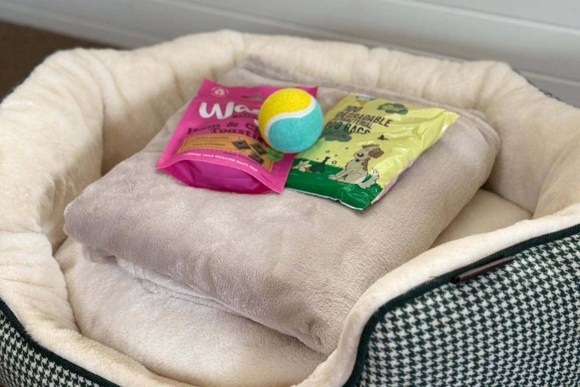 A pet bed with a pink and green package, a ball, and a toy.