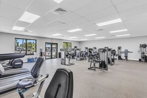 A gym with various exercise machines, a treadmill, and a large window with a view of palm trees. - La Palma Verde at Outdoor Resorts (Layton)