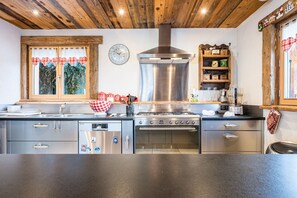 A modern kitchen with stainless steel appliances, wooden ceiling, and a window with red and white checkered curtains. - Chalet Armor - Sauna et Vue Montagne (Le Grand Bornand)