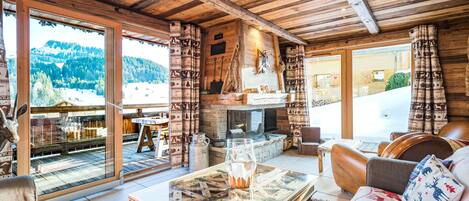 Televisión, chimenea y reproductor de DVD