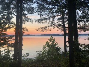 Ein ruhiger See, umrahmt von hohen Bäumen, mit einem Steg, der ins Wasser führt.