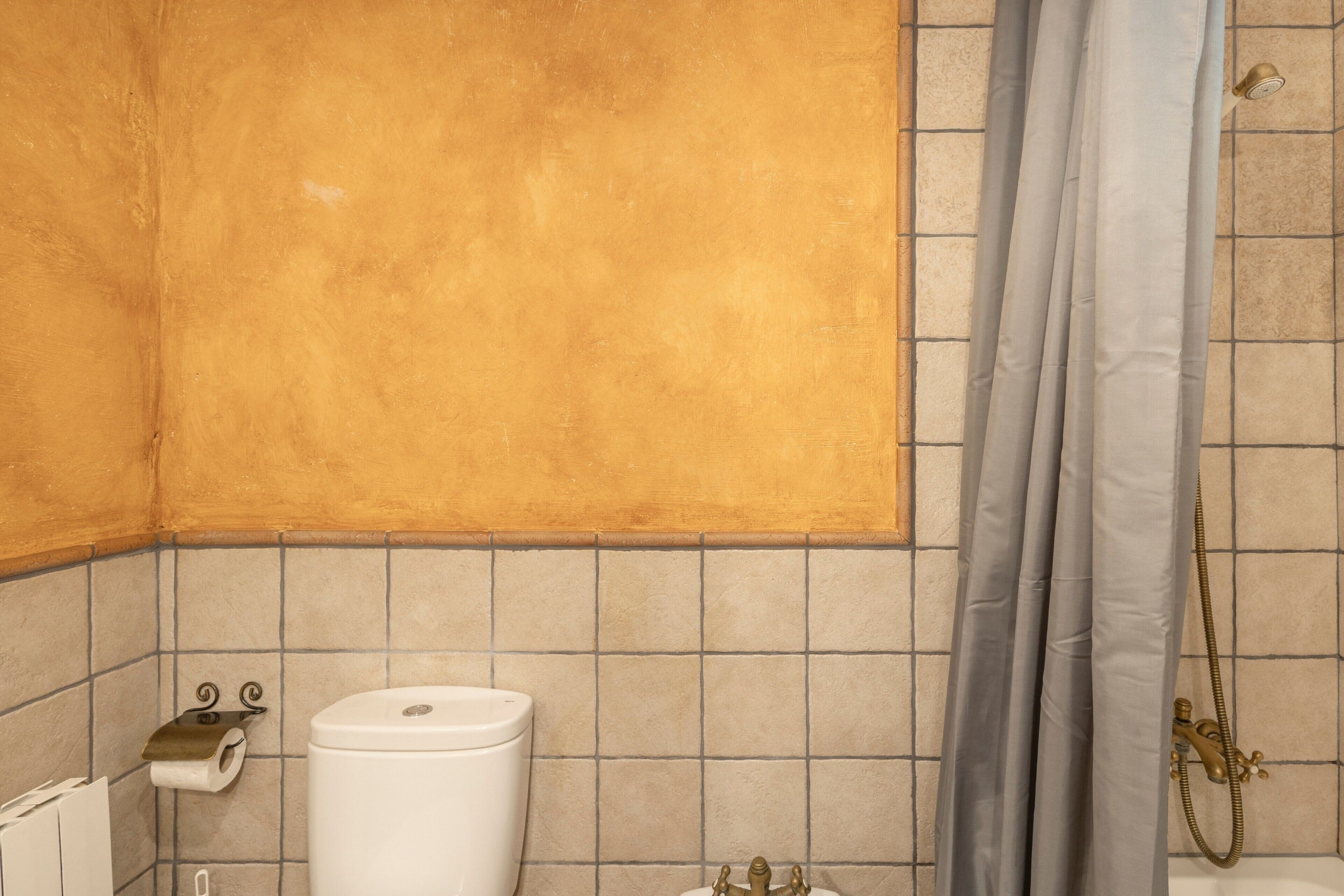 A bathroom with a toilet, a roll of toilet paper, a shower curtain, and a shower head.