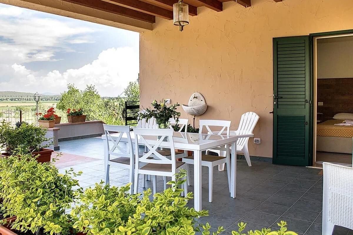 Un patio techado al aire libre con una mesa, sillas, plantas en macetas y vistas al campo.