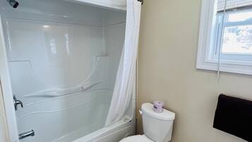 Une salle de bain avec une baignoire, des toilettes et une fenêtre.