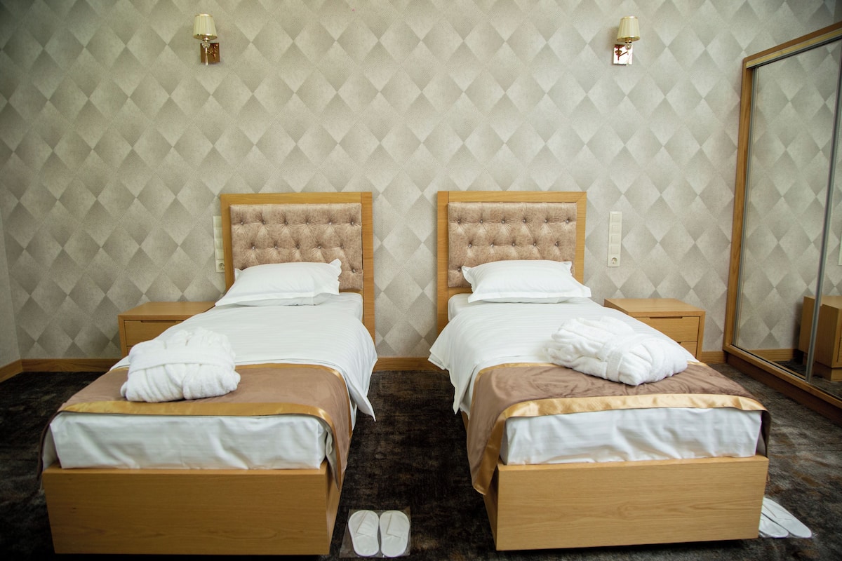 Habitación de hotel con dos camas, cada una con cabecero de madera, ropa de cama blanca y manta marrón. Hay dos mesitas de noche con lámparas y un espejo grande en la pared.