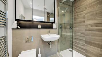 Shower, hair dryer, towels, soap