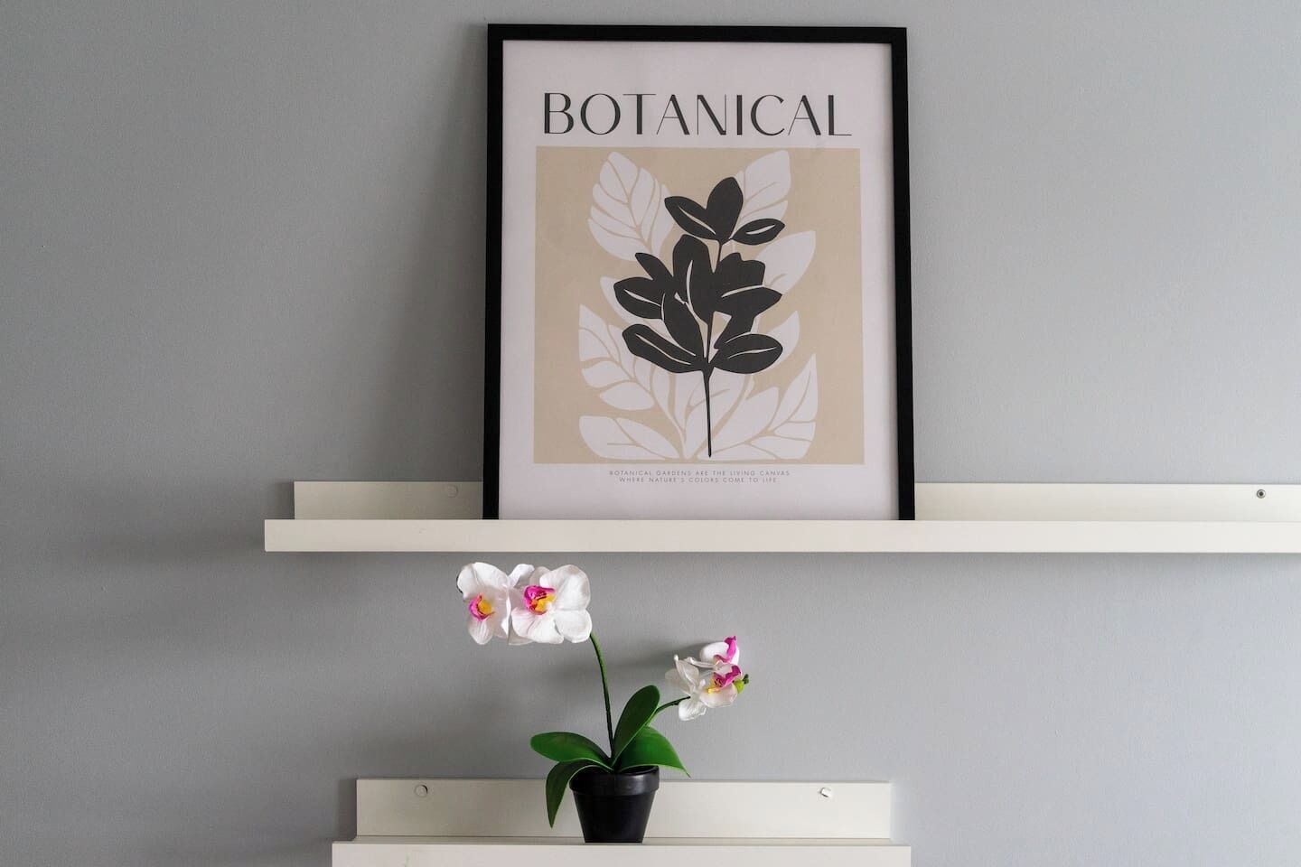 Een ingelijst botanisch print met de titel 'BOTANICAL' op een wit plankje, met een bloeiende orchidee eronder.