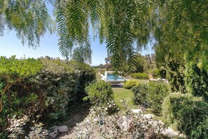 Un jardin avec une piscine, entouré d’une végétation luxuriante et sous un ciel dégagé.