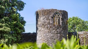 Ein steiner Turm mit Bogenfenstern, umgeben von Grünpflanzen und einem Zaun.