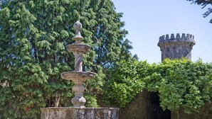 Ein Steinkneippbrunnen mit Brüstung, umgeben von Bäumen und einem dahinterliegenden Steinturm.
