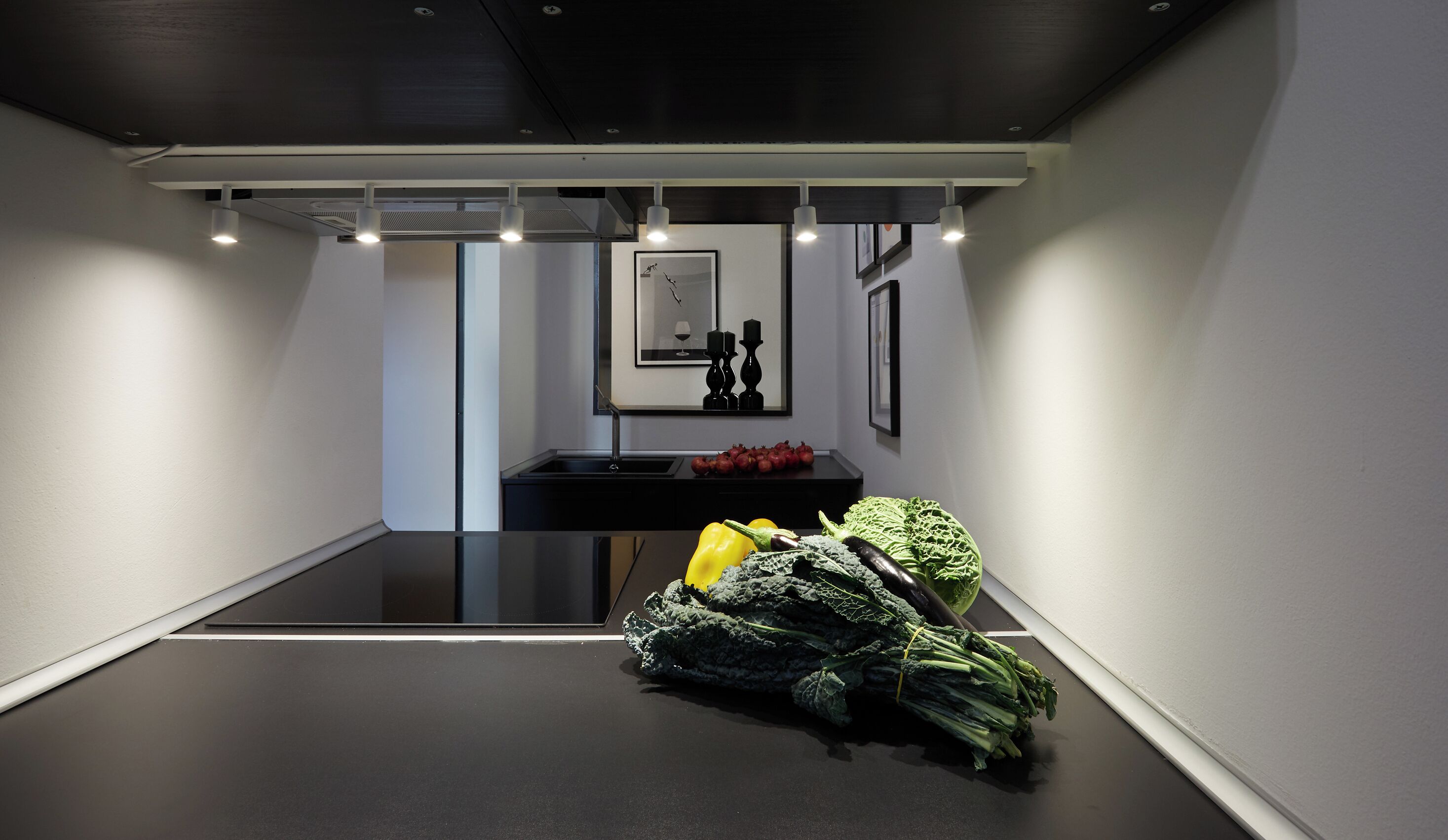 A modern kitchen with a black countertop, a sink, and a potted plant.